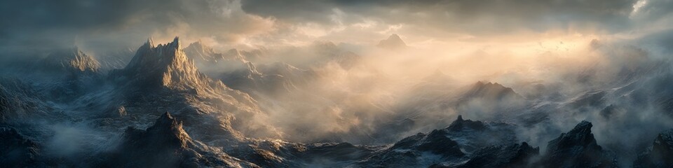 Poster - Aerial panorama of the rugged terrain leading to the Base of the Towers lookout. with dramatic clouds and golden light enhancing the scene. in 4K resolution
