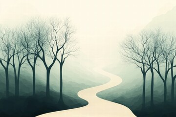Poster - Winding forest path invites exploration through a serene, minimalistic landscape. Generative AI