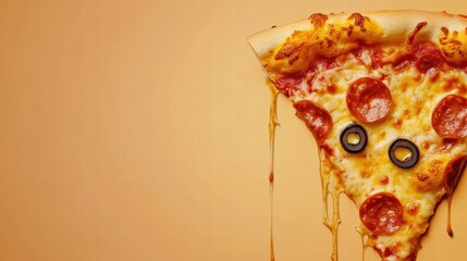 Poster - Delicious pizza slice with stylized toppings and cheese drips on a minimalist backdrop ready for sharing or promotion. Generative AI
