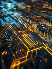 Aufkleber - Closeup of illuminated circuit pathways with orange glowing highlights : Generative AI