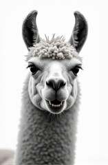 Sticker - A black and white photo of an alpaca with a flower on its head