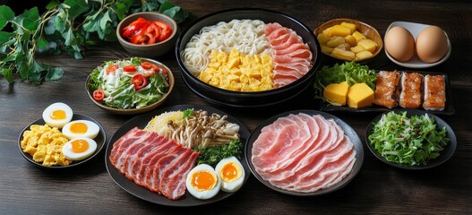 Wall Mural - Asian cuisine ingredients noodles, sliced pork, eggs, salads, vegetables, and tofu.