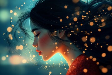 Wall Mural - Serene woman with flowing hair, illuminated by magical lights.