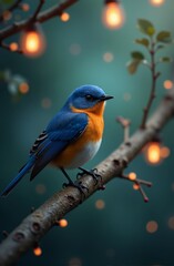 Wall Mural - A blue bird sitting on a branch with lights in the background