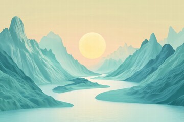 Poster - Winding river flows through a serene mountain range at sunset with a minimalist design for text. Generative AI