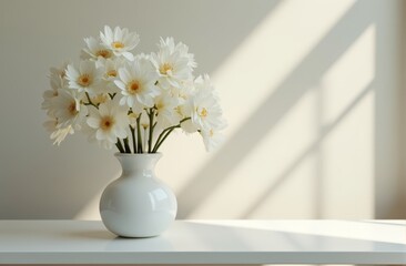 Canvas Print - A white vase filled with white flowers sitting on a table