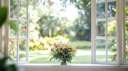 Poster - Bright garden view through a window showcasing colorful flowers in a serene outdoor setting. Generative AI