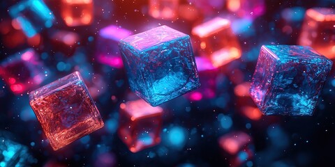 Wall Mural - Neon lit translucent cubes float dark space illuminated vibrant pink blue hues