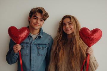 A young handsome man and a woman are holding hands, in the other hand each of them has a foil ball in the shape of a heart on a ribbon.