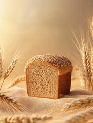 Fototapete - Minimalist wheat loaf with grains set against a soft background for promotional use. Generative AI