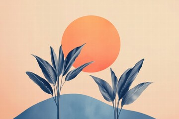 Poster - Vibrant sunset with palm trees silhouetted against a pastel gradient sky and ample copy space for creative uses. Generative AI