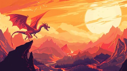 Wall Mural - A red dragon soars above a fantastical mountain landscape with a large sun in the sky.