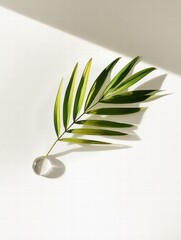 Poster - Perfect green leaf with a single transparent water droplet resting on a soft surface in bright natural light. Generative AI