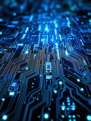 Aufkleber - Abstract electronic circuit board with vibrant blue lights symbolizing data flow and technological innovation : Generative AI