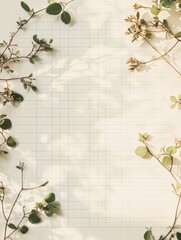Fototapete - Minimalist planner layout with subtle grid lines surrounded by botanical elements for creative organization. Generative AI