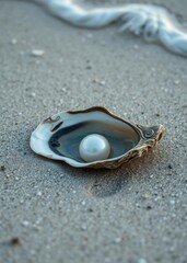 Beach Wallpaper of Open oyster with pearl inside laying on beach sand sea shore wallpaper background beach wallpaper summer wallpaper beach background tropical nature