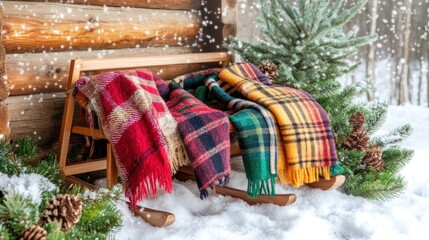 Wall Mural - cozy winter scene: plaid blankets on a wooden sled in snowy cabin setting