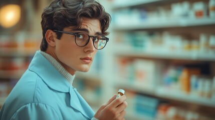 Thoughtful pharmacist examines medication while standing in a busy pharmacy