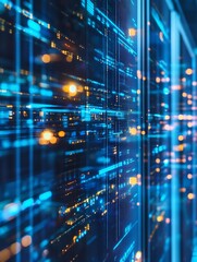 Poster - Modern Data Center with Blue and Orange Digital Lights Depicting High Tech Server Architecture : Generative AI