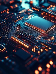 Poster - Electronic Circuit Board with Illuminated Chip and Orange Details : Generative AI