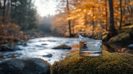 Wall Mural - Clear glass of water on mossy rock overlooking a flowing stream in an autumn forest.