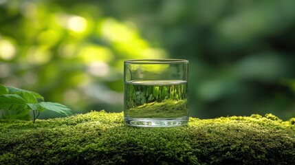 Wall Mural - Clear glass of water resting on moss in a lush forest.