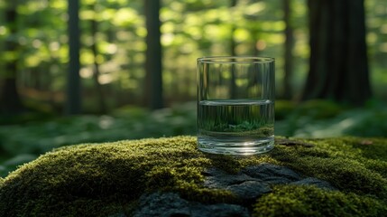 Wall Mural - Clear glass of water sits on mossy rock in a forest.