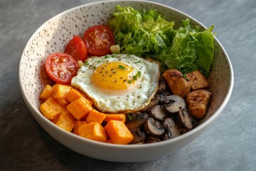 Wall Mural - Healthy breakfast bowl with fried egg, sweet potato, mushrooms, tomatoes, and lettuce.