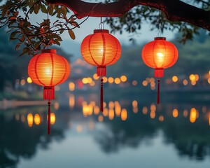 Wall Mural - A festive Chinese New Year celebration with red lanterns gently swinging from trees, reflecting in the calm water, creating a peaceful and vibrant atmosphere