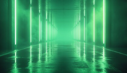 Canvas Print - A glowing green room with neon lights reflecting off sleek surfaces, creating a dynamic, abstract technology background full of energy and digital textures