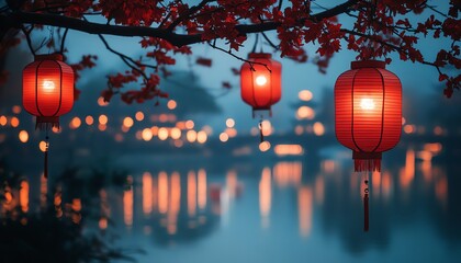 Wall Mural - A peaceful Chinese New Year celebration with red lanterns glowing and hanging from tree branches, their warm reflections shimmering on the calm water surface