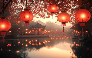 Wall Mural - A stunning Chinese New Year landscape with red lanterns hanging from trees, their light softly reflected in the still water, surrounded by traditional decorations