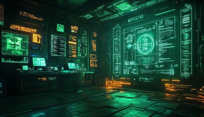 Canvas Print - A technologythemed green room with bright neon lights, creating an abstract, glowing background with a blend of futuristic elements and digital textures