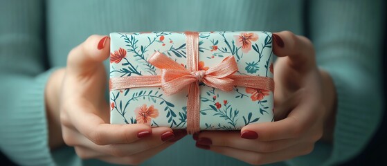 Wall Mural - A young woman s hands crafting a gift box with patterned wrapping paper, tying a neat bow, perfect for holiday or birthday celebrations