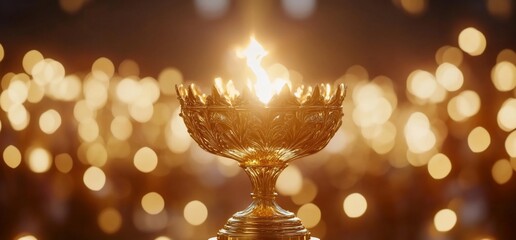 Wall Mural - A golden chalice with flames, surrounded by a soft bokeh of lights.