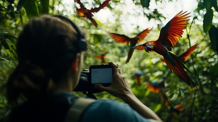 Wall Mural - Woman photographs scarlet macaws in flight amidst lush rainforest foliage.