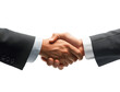 © Chexy139 - A front-facing view of two business partners shaking hands, dressed in professional suits, smiling, isolated on a white background for a corporate look