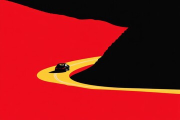 Aufkleber - A flat design of a curving highway with a single car traveling under a bright yellow sun, set against a solid pastel background