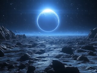 Alien planet eclipse, rocky landscape, blue sun.