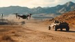 © capuchino009 - Drone in Desert Landscape with Military Vehicle and Mountain Backdrop