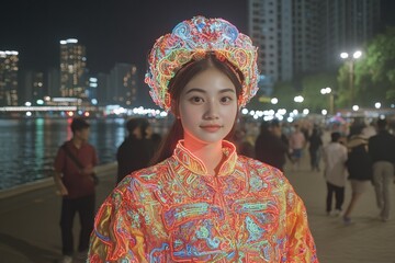 A futuristic interpretation of Hmong culture, with a woman wearing traditional attire augmented with glowing neon embroidery and a high-tech headdress set against a modern cityscape in Laos