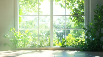 Leinwandbilder - Bright sunlight filtering through a window, revealing a vibrant garden brimming with lush greenery and blooming flowers. Generative AI