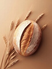 Fototapete - Minimalist bread loaf with wheat grains on a warm background ready for text placement. Generative AI