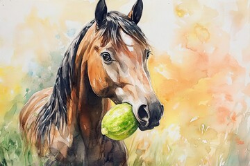 Wall Mural - Brown Horse Gently Holds A Green Melon