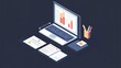 © Pc - Isometric laptop displaying graphs, documents, and stationery on a dark background.