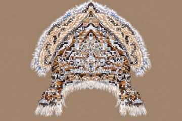 Leinwandbilder - A simple flat design of a traditional Hmong headdress with silver coins and geometric embroidery patterns, rendered in soft earth tones on a neutral background