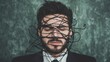 © pattaphorn - Man in Business Suit with Eyes Closed Surrounded by Twisted Strings, Symbolizing Stress, Anxiety, and the Complexities of Modern Life in a Tense and Chaotic World