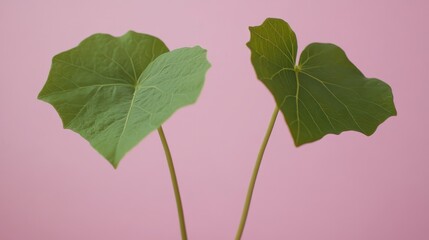 Wall Mural - Two vibrant green leaves against a pink background.