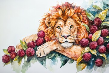 Sticker - Majestic Lion Resting Amidst Abundant Rambutan Fruit