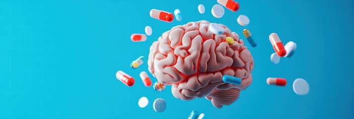 Aufkleber - 3D model of a human brain surrounded by various colorful pills illustrating mental health and medication. Generative AI
